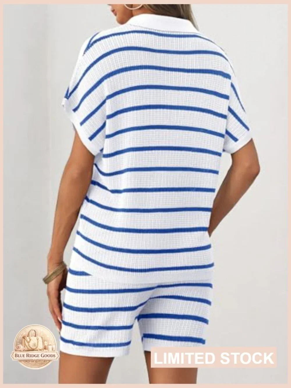 Striped Knit Short Sleeve V-Neck Top and Shorts Matching Lounge Set
